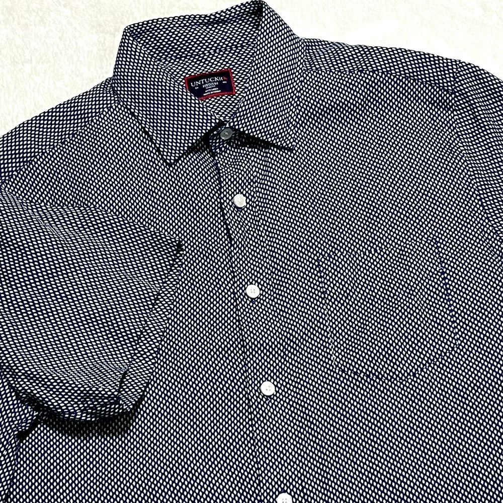 UNTUCKit‎ Mens M Cadalso Short Sleeve Shirt Navy Blue Geometric Print 100% Linen